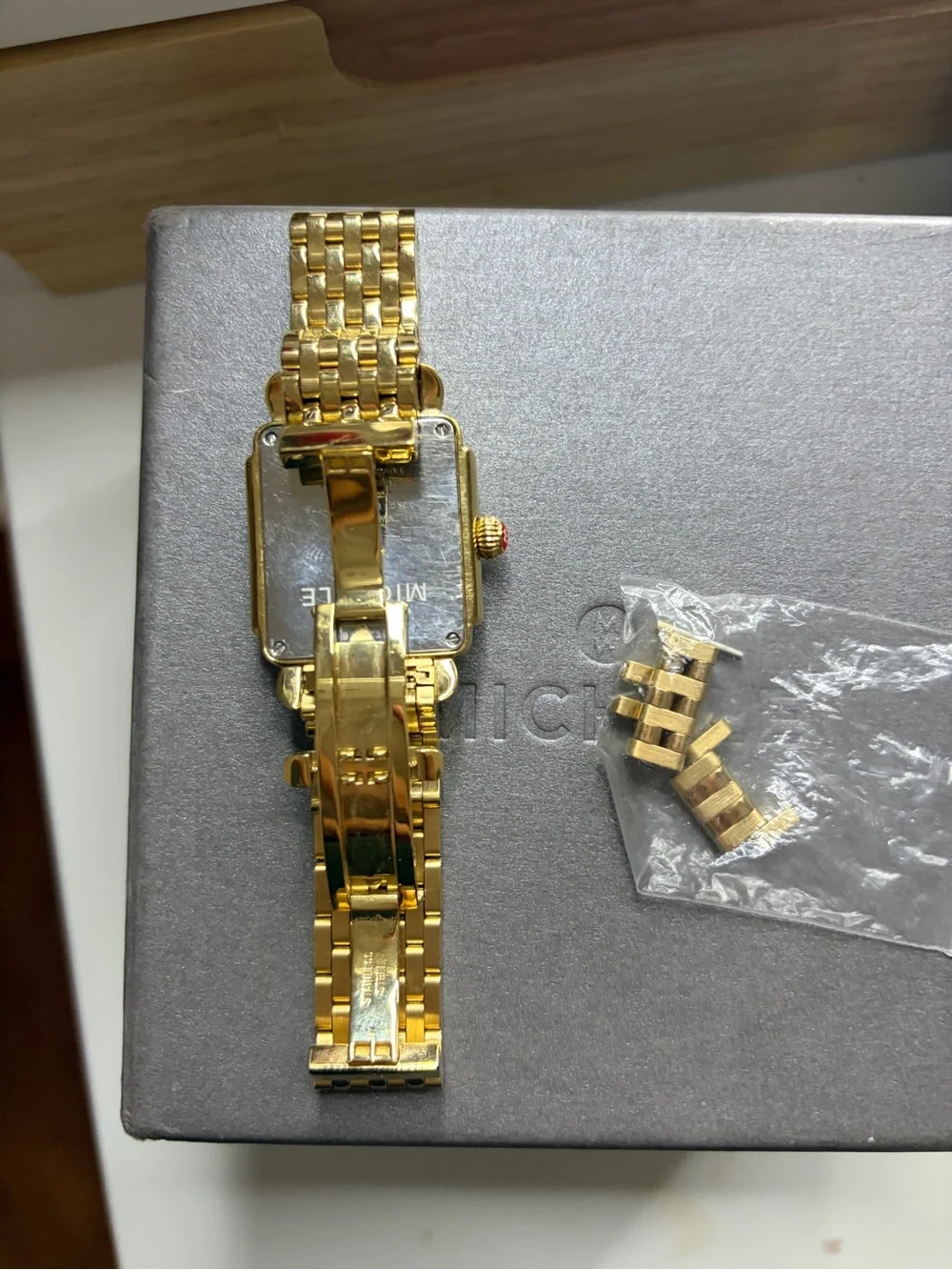 Michele 18k plated Gold Women's Bracelet Watch with white Dial and Diamonds